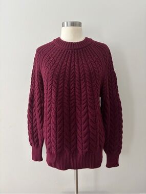 Ann Taylor Chevron Chunky Cable Knit Crewneck Sweater Burgundy Wine L Cabincore